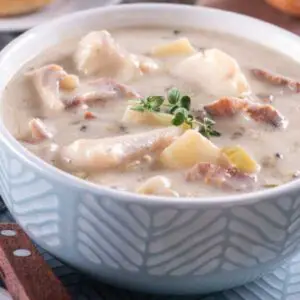 quick rockfish chowder recipe in a small serving bowl